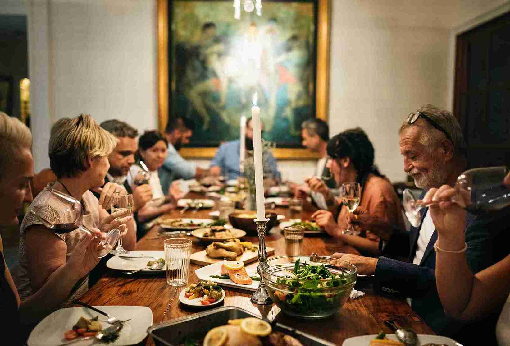 Cena condivisa tra invitati a un lungo tavolo